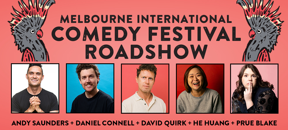 Image of the 2024 line-up of comedians for the Roadshow on a salmon background, with the Melbourne International Comedy Festival Roadshow logo above them 